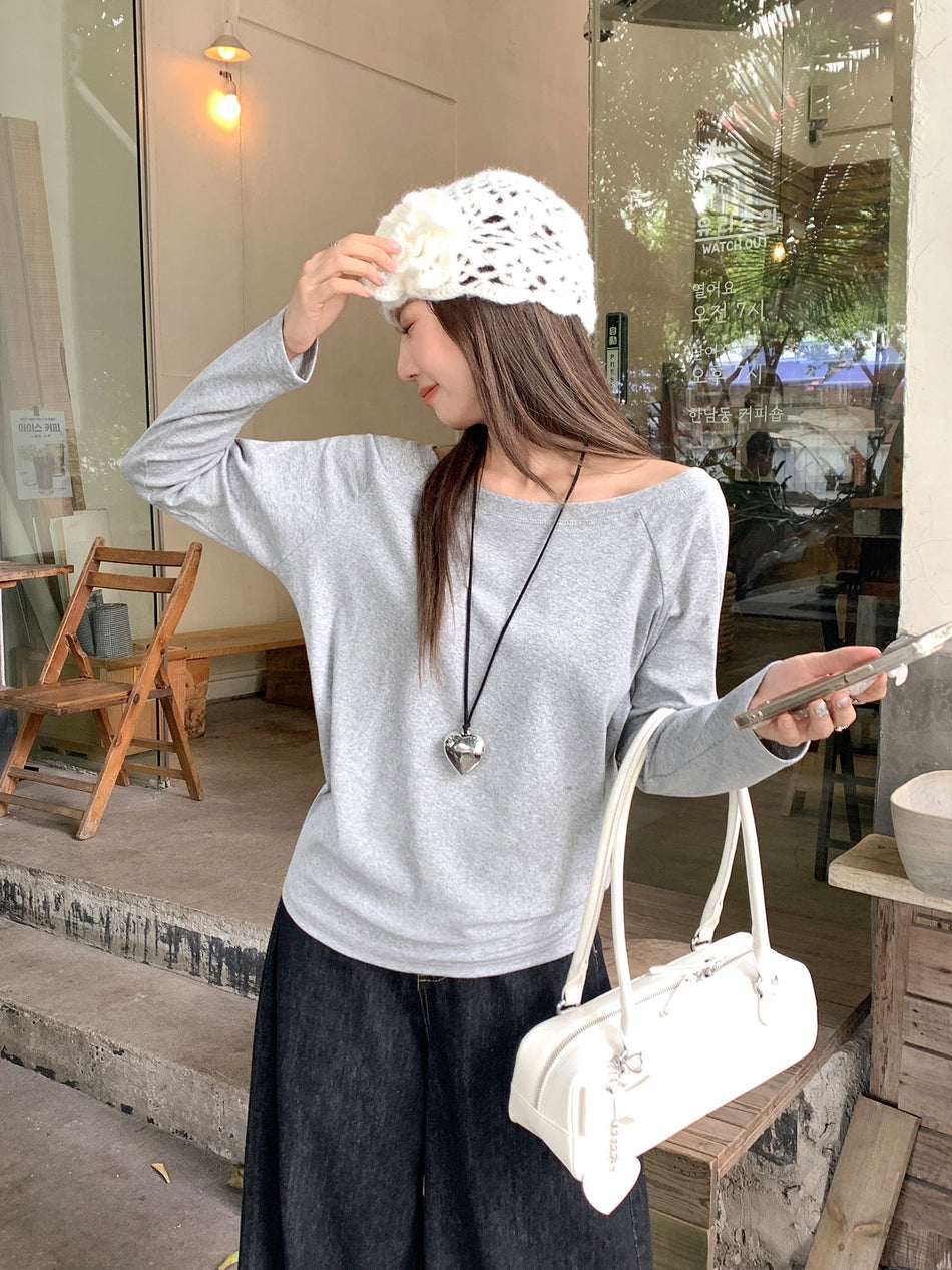Gray Floral Off Shoulder Loose Long Sleeve Top