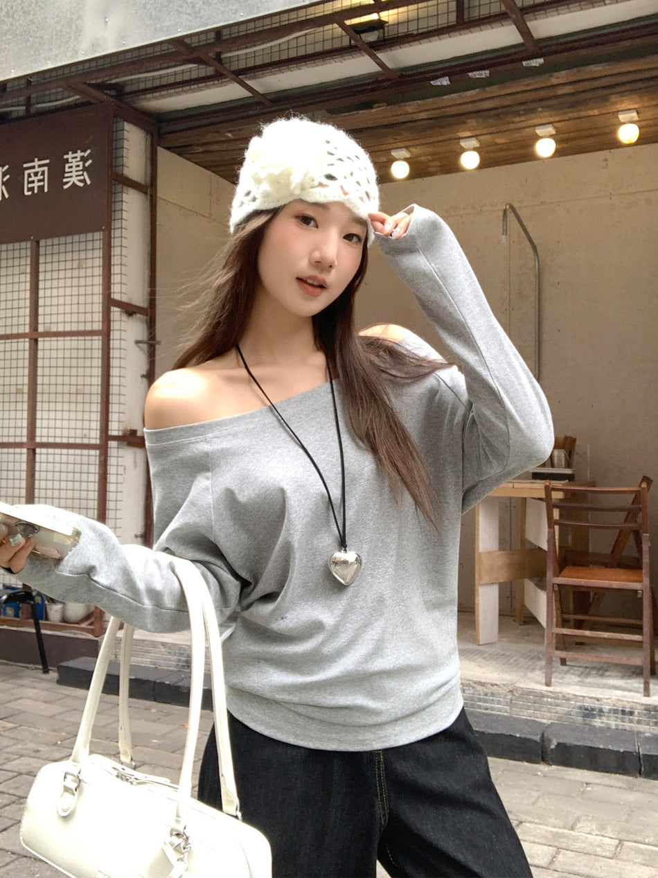 Gray Floral Off Shoulder Loose Long Sleeve Top