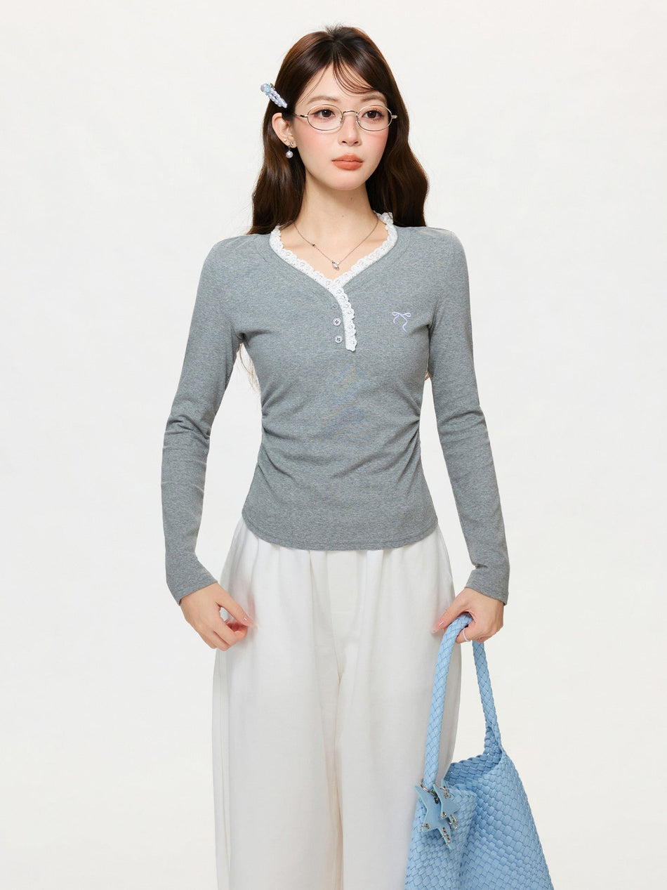 Korean Lace Bowknot Slim Fit T Shirt