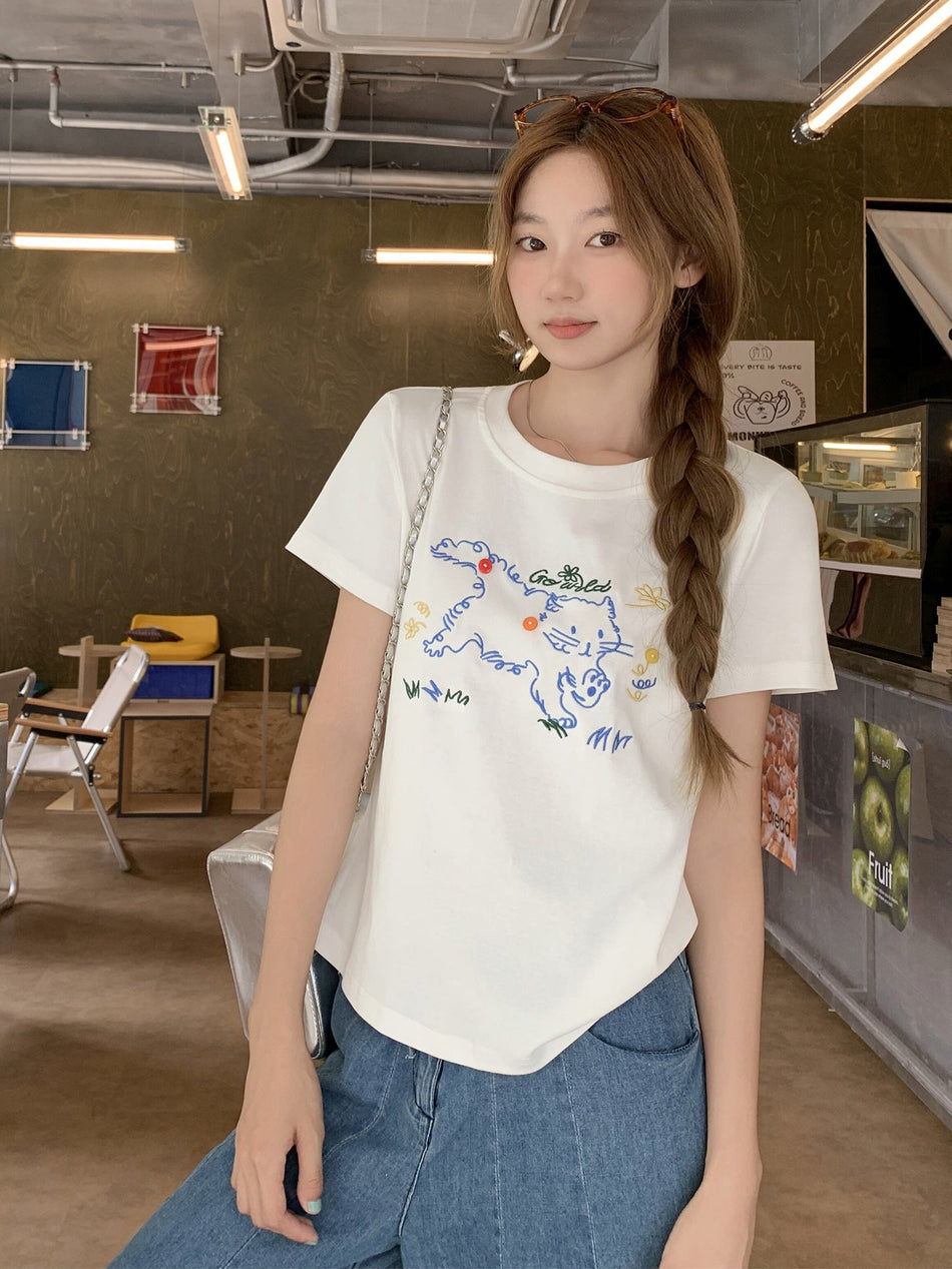 Cute Cat Embroidered Loose Fit T Shirt