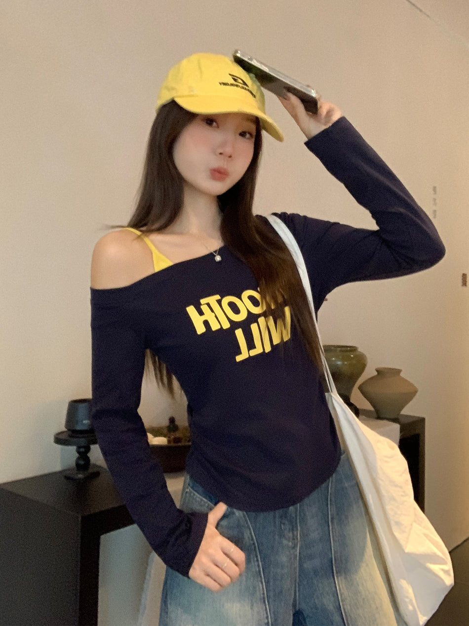 Off Shoulder Letter Print Slim Fit T Shirt
