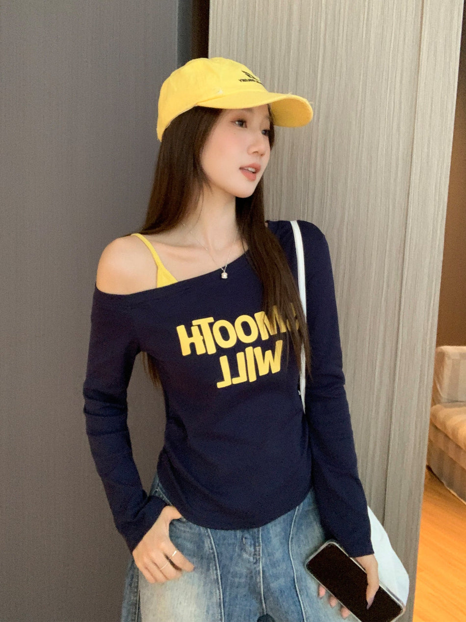 Off Shoulder Letter Print Slim Fit T Shirt