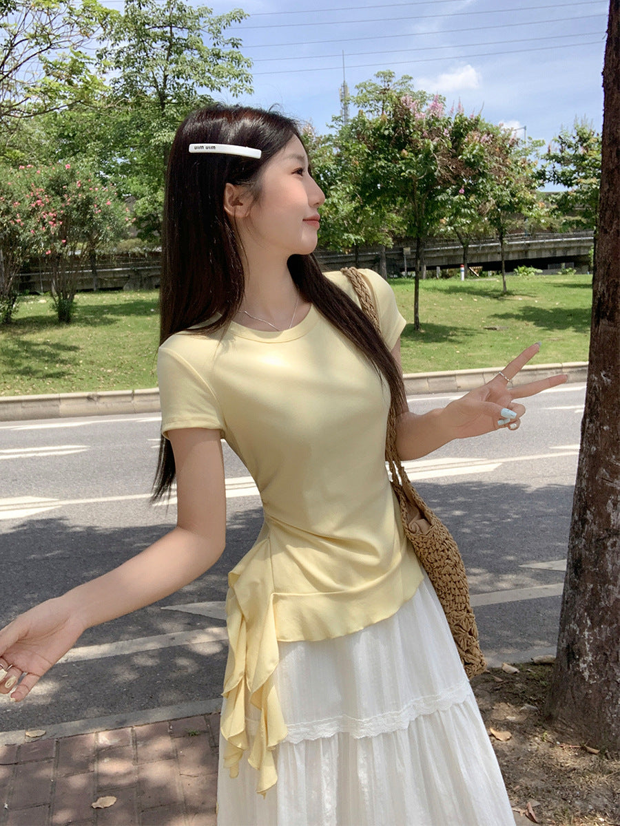 Yellow Ruffle Hem Slim Fit Summer T Shirt