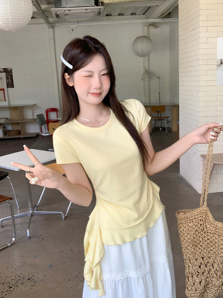 Yellow Ruffle Hem Slim Fit Summer T Shirt