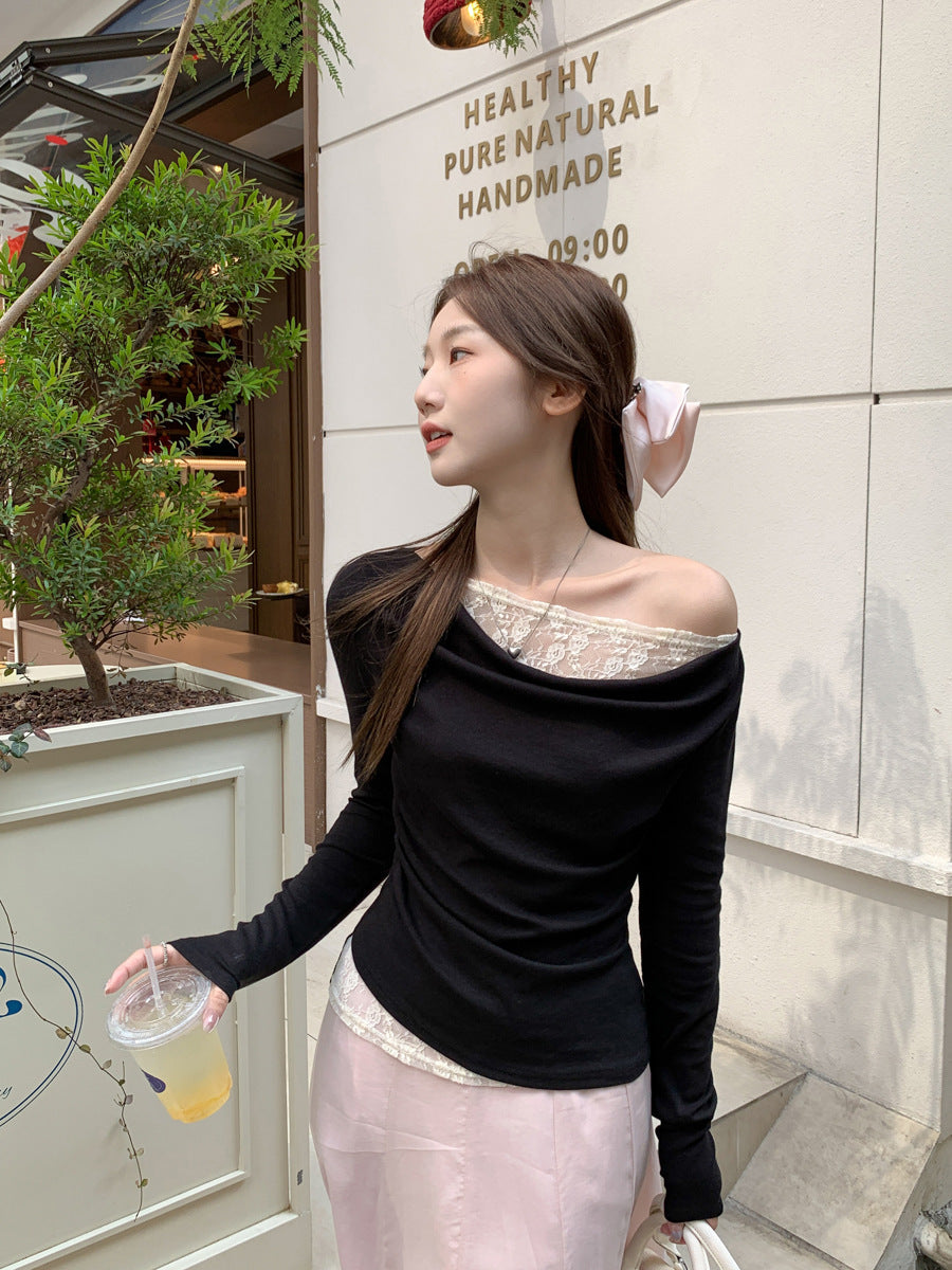 Korean Lace One Shoulder Slim Fit T Shirt