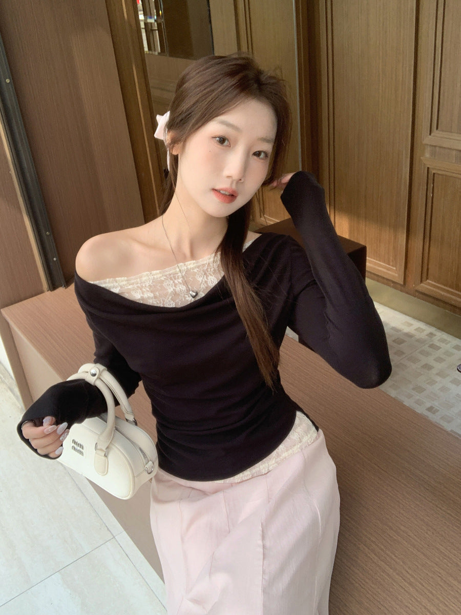 Korean Lace One Shoulder Slim Fit T Shirt