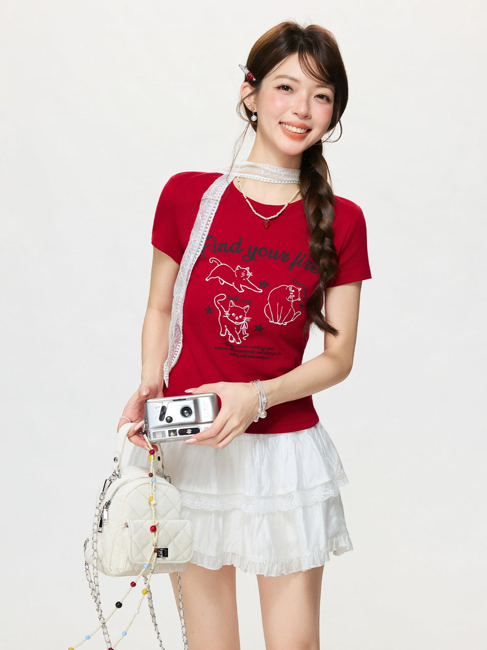 Red Cat Print Slim Fit Round Neck T Shirt