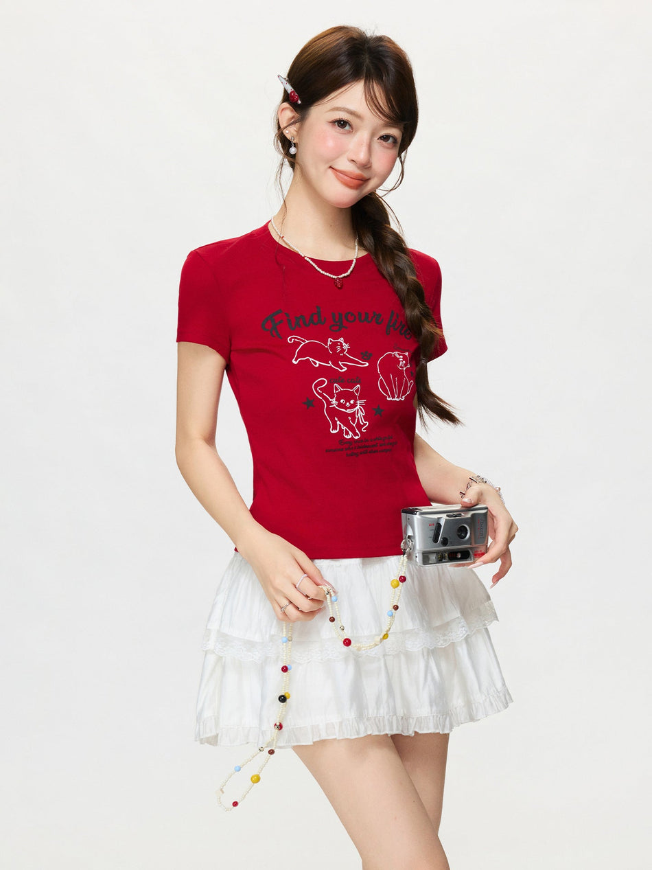 Red Cat Print Slim Fit Round Neck T Shirt