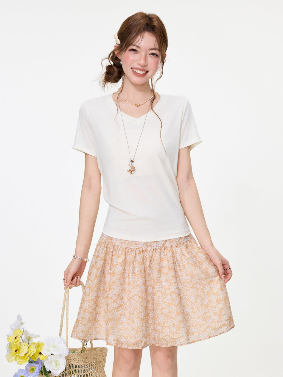 Beige V-Neck Loose Slim Summer T-Shirt for Women