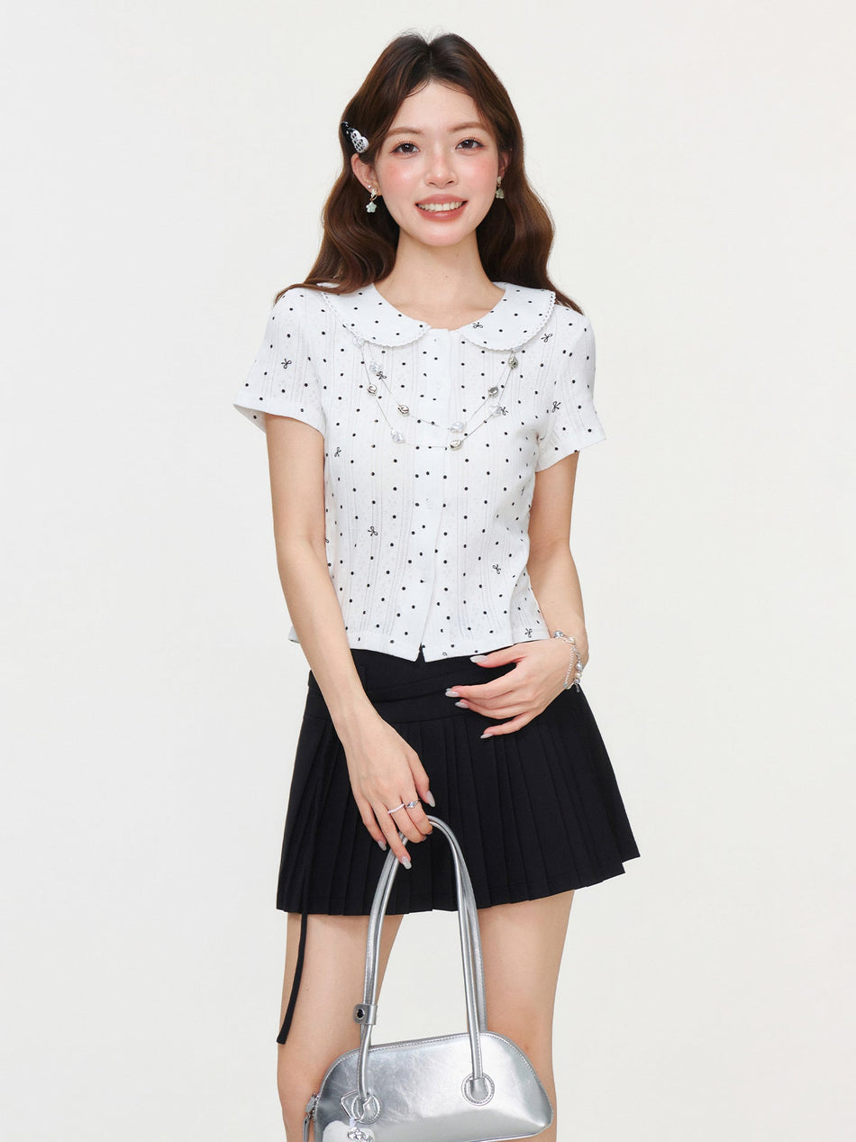 White Polka Dot Doll Collar Lace Hem Slim Top