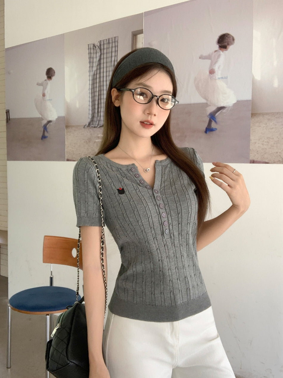 Korean Floral Gray Linen Slim Summer Top