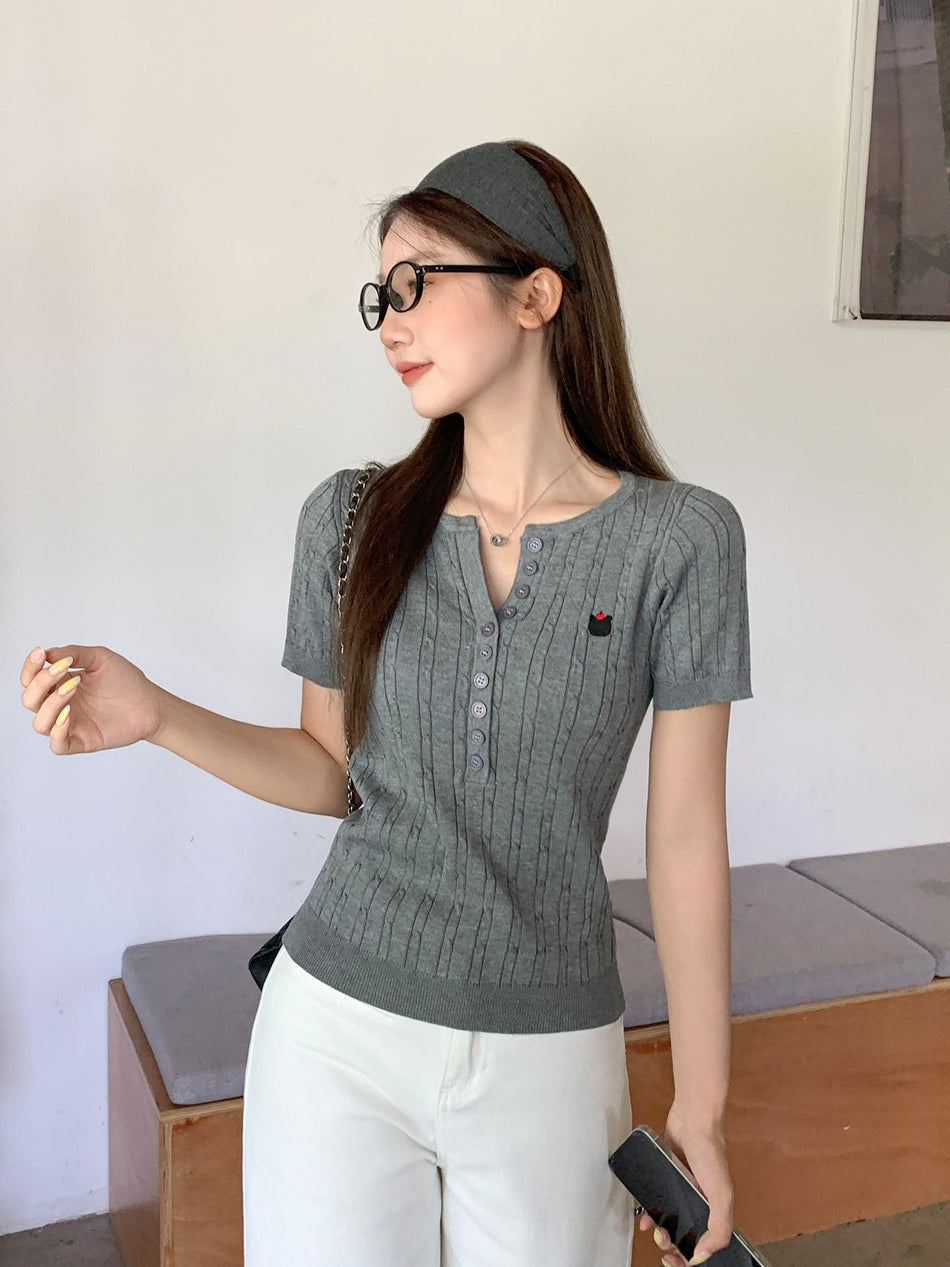Korean Floral Gray Linen Slim Summer Top