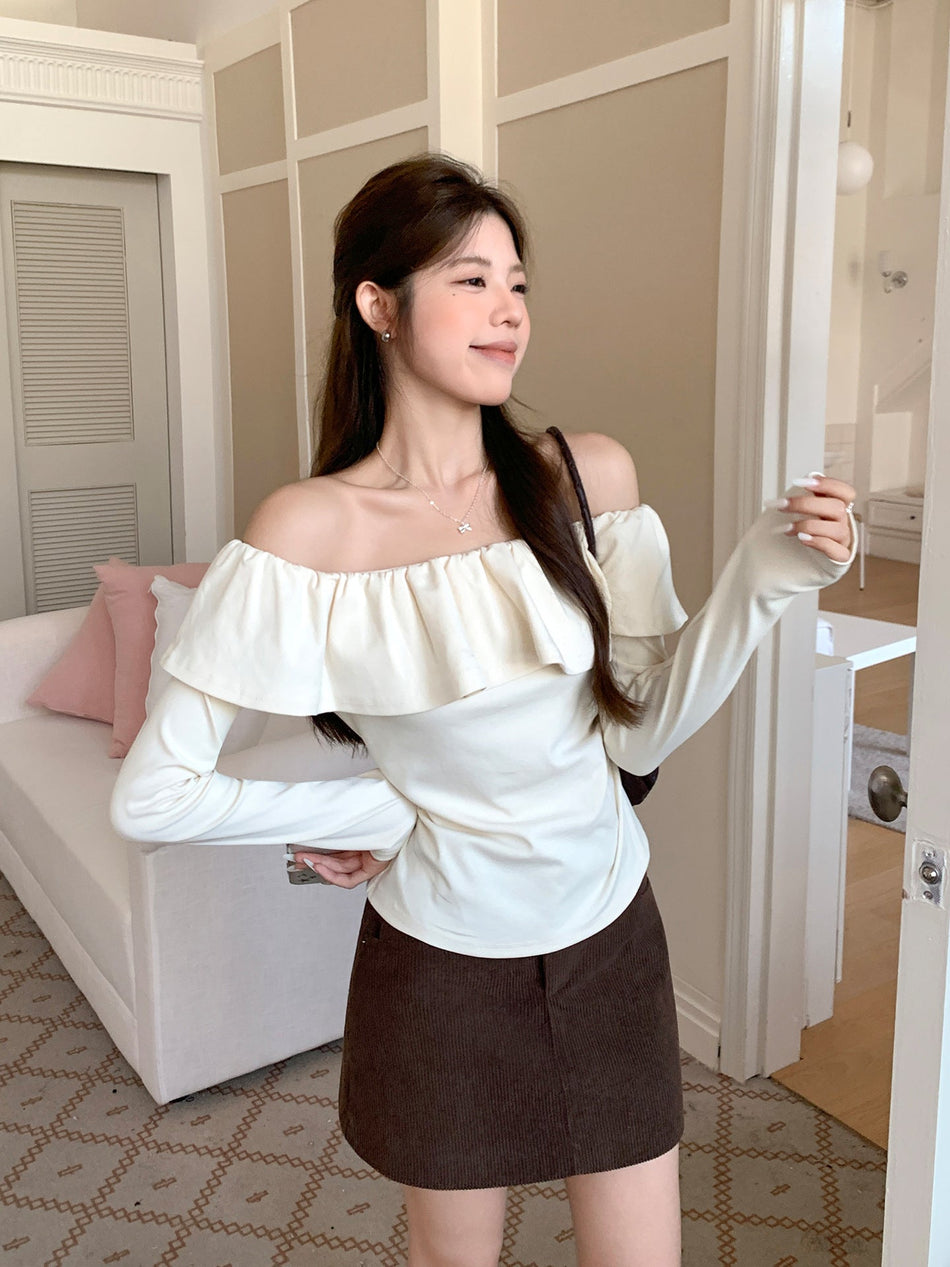 Ruffle Collar Off-Shoulder Slim Autumn Top
