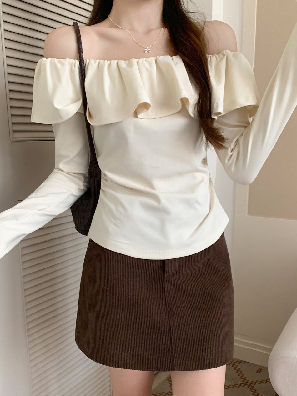 Ruffle Collar Off-Shoulder Slim Autumn Top