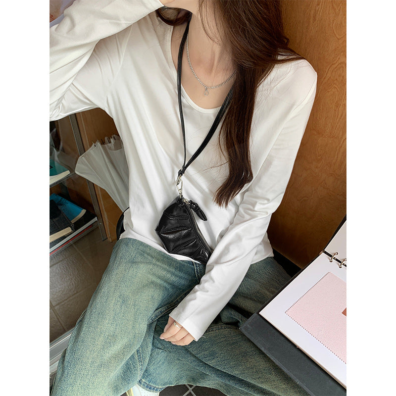 White U-Neck Draped Slim Autumn Women’s Top