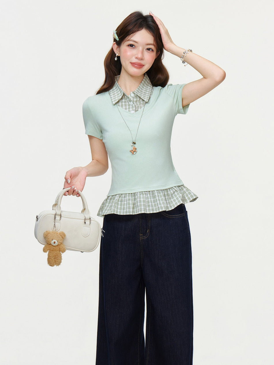 Green Plaid Ruffle Lapel Slim Summer Top