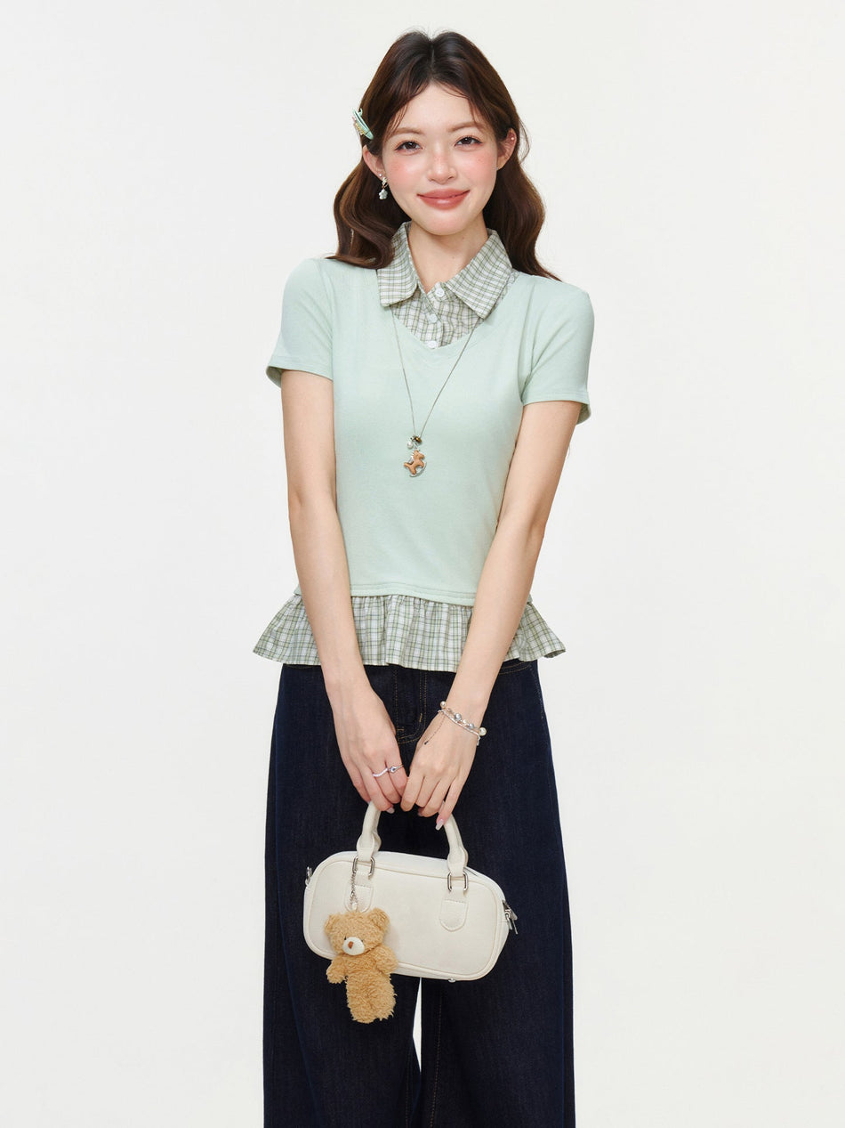 Green Plaid Ruffle Lapel Slim Summer Top