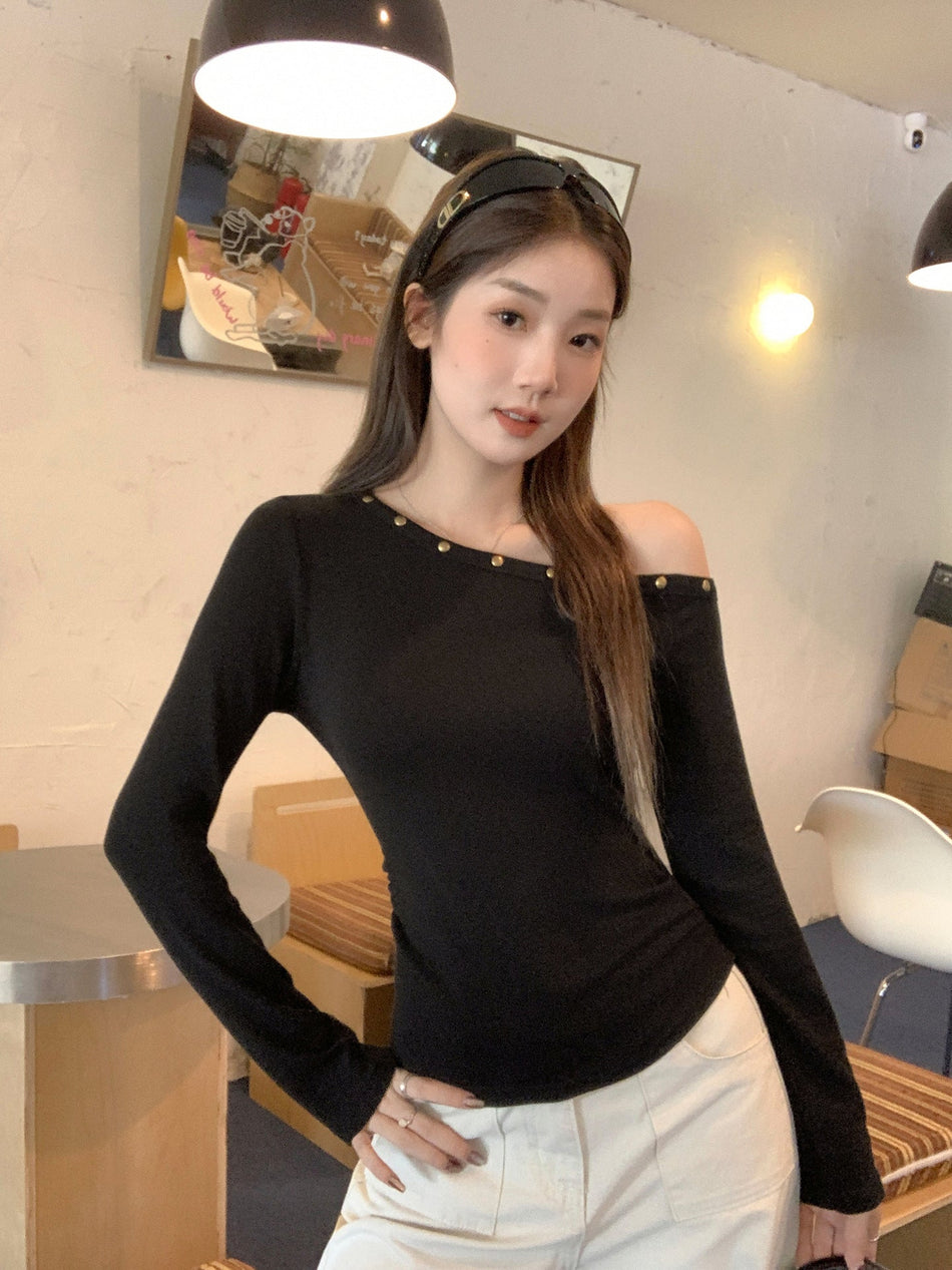 Off-Shoulder Pleated Slim Autumn Women Top