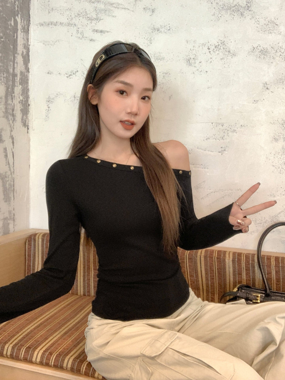 Off-Shoulder Pleated Slim Autumn Women Top