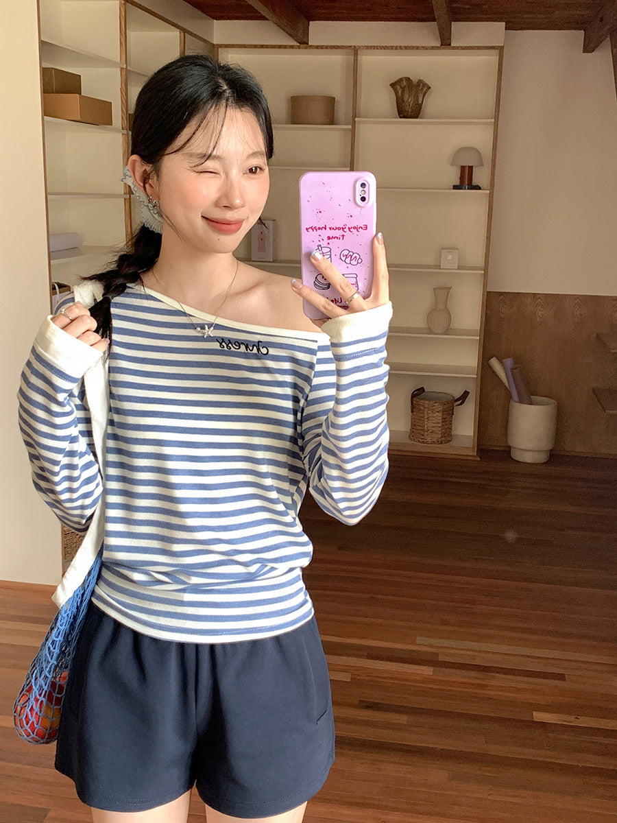 Korean Diagonal Collar Off-Shoulder Striped Top