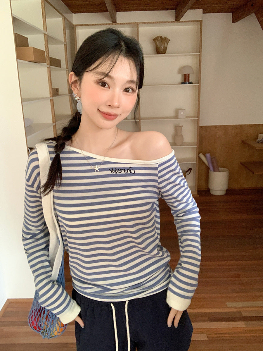 Korean Diagonal Collar Off-Shoulder Striped Top