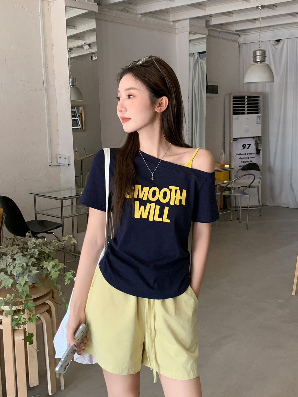 Navy Blue Off-Shoulder Ruched Slim Summer Top