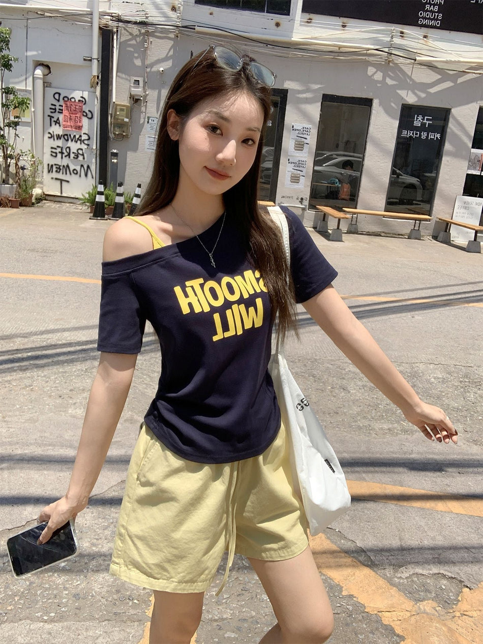 Navy Blue Off-Shoulder Ruched Slim Summer Top