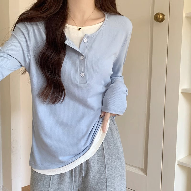 Button Half-Zip Contrast Color Women’s Slim Top