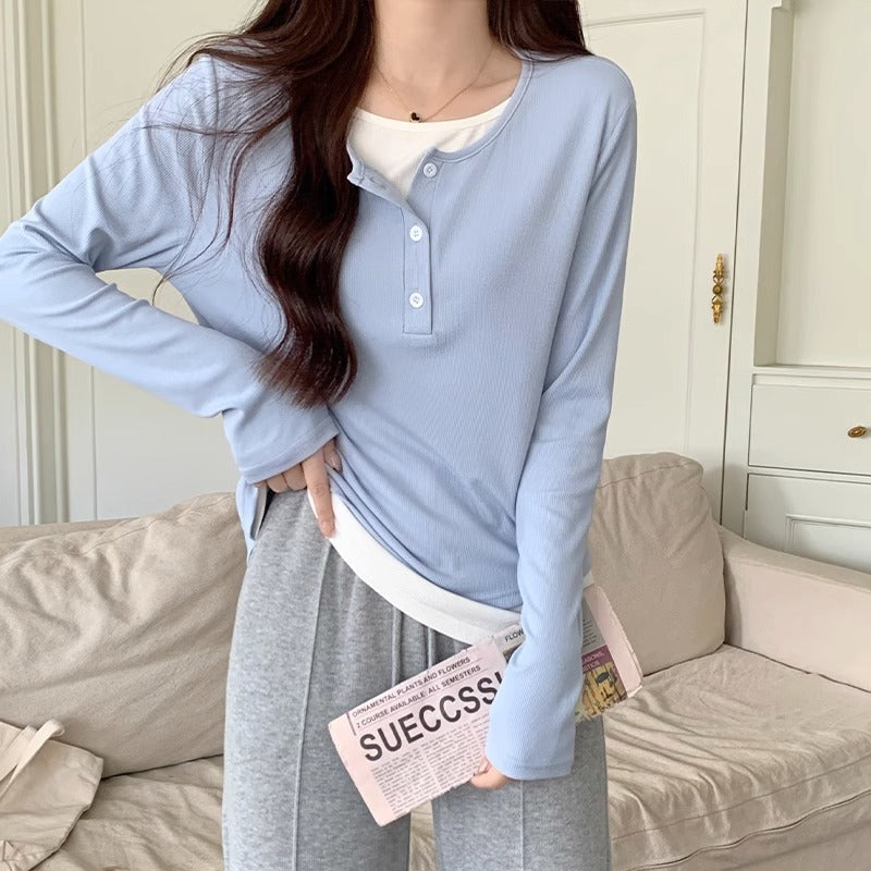 Button Half-Zip Contrast Color Women’s Slim Top