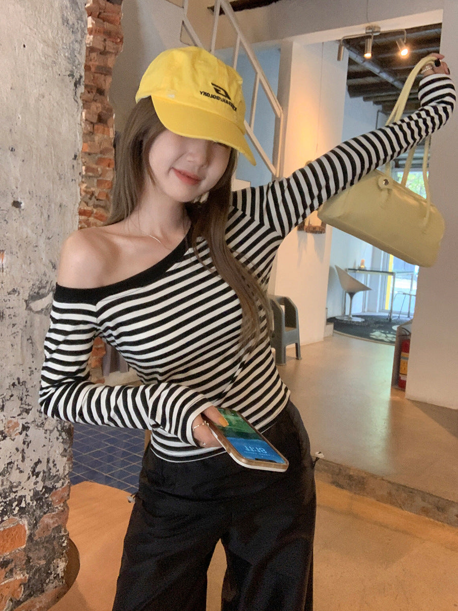 Striped Off-Shoulder Slim Women Spring Top