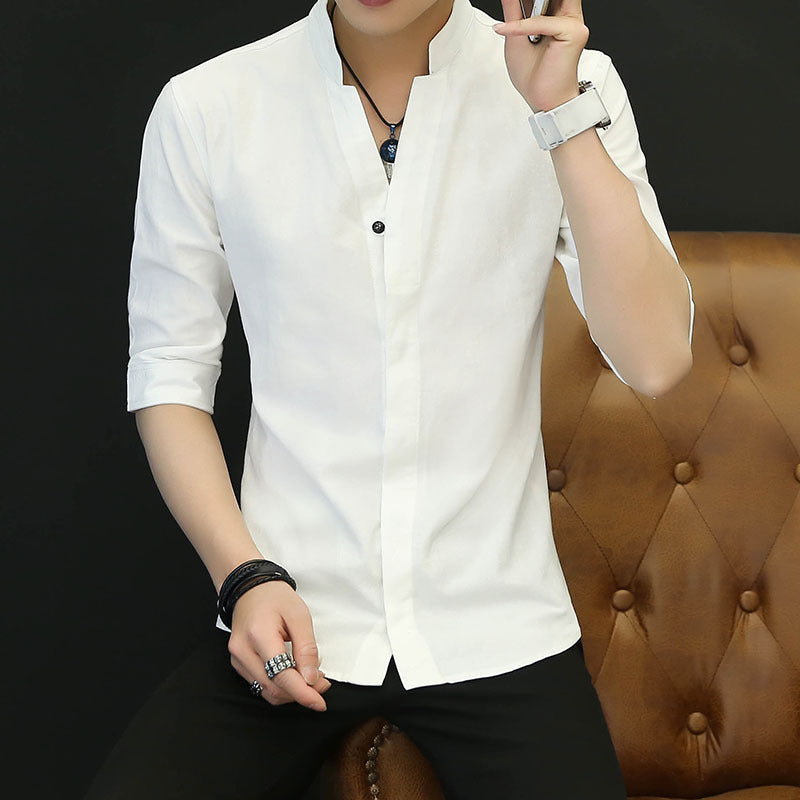 Men’s Korean Style White Shirt – Stand Collar Casual