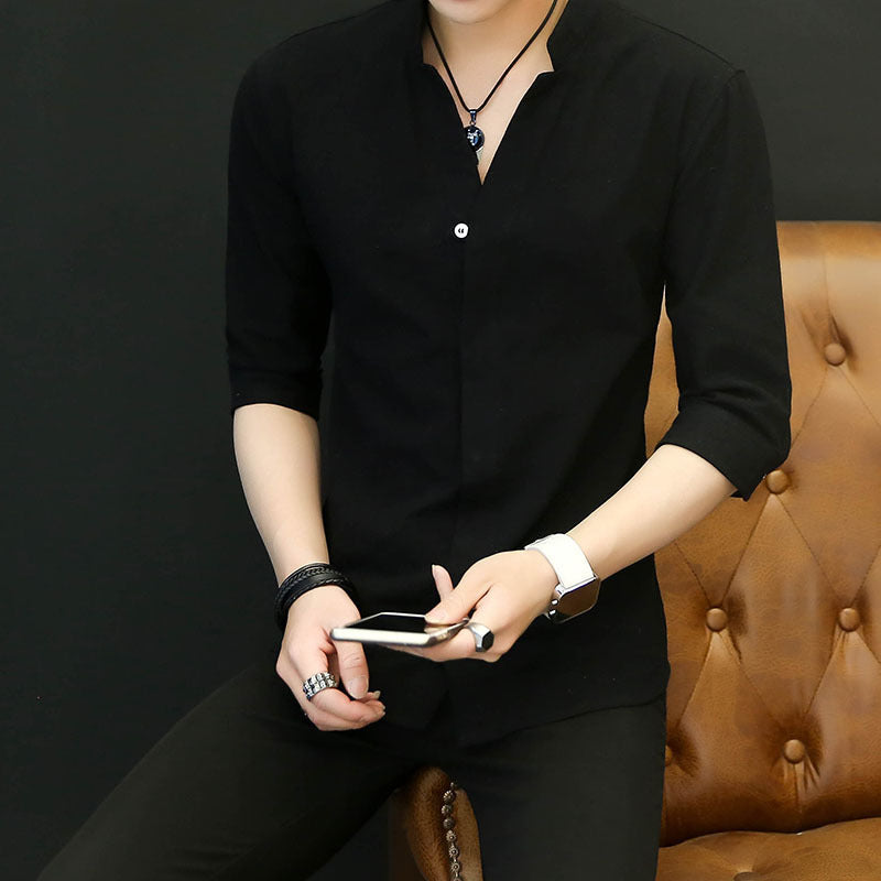 Men’s Korean Style White Shirt – Stand Collar Casual
