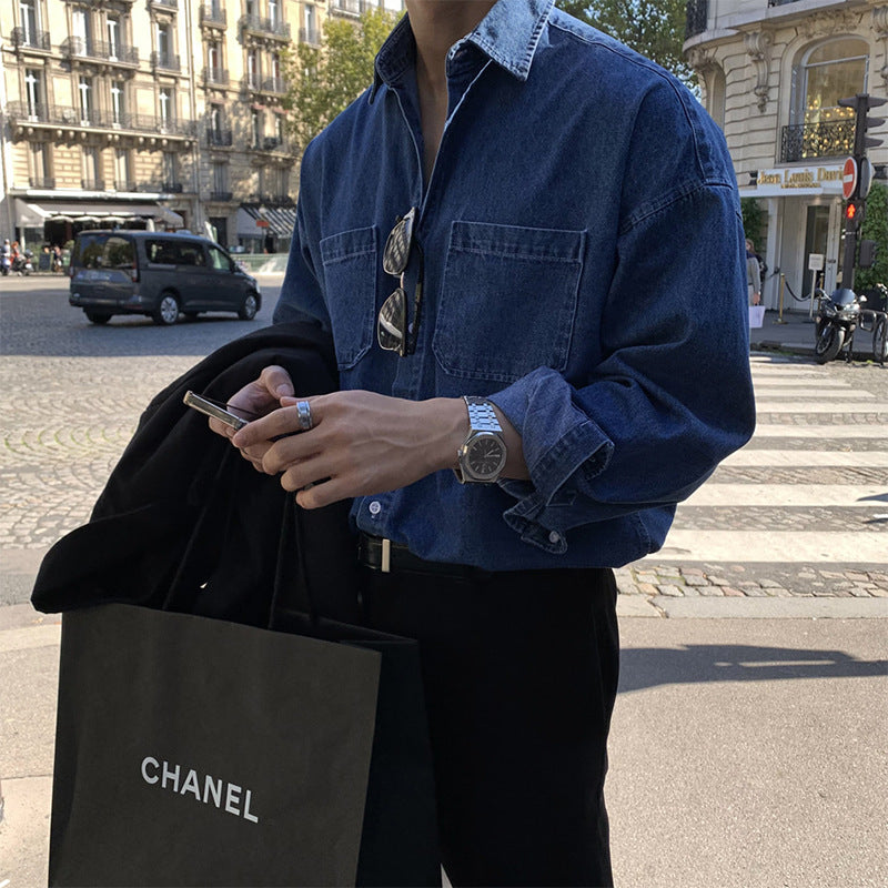 Men’s Dark Blue Denim Shirt – British Yuppie Style