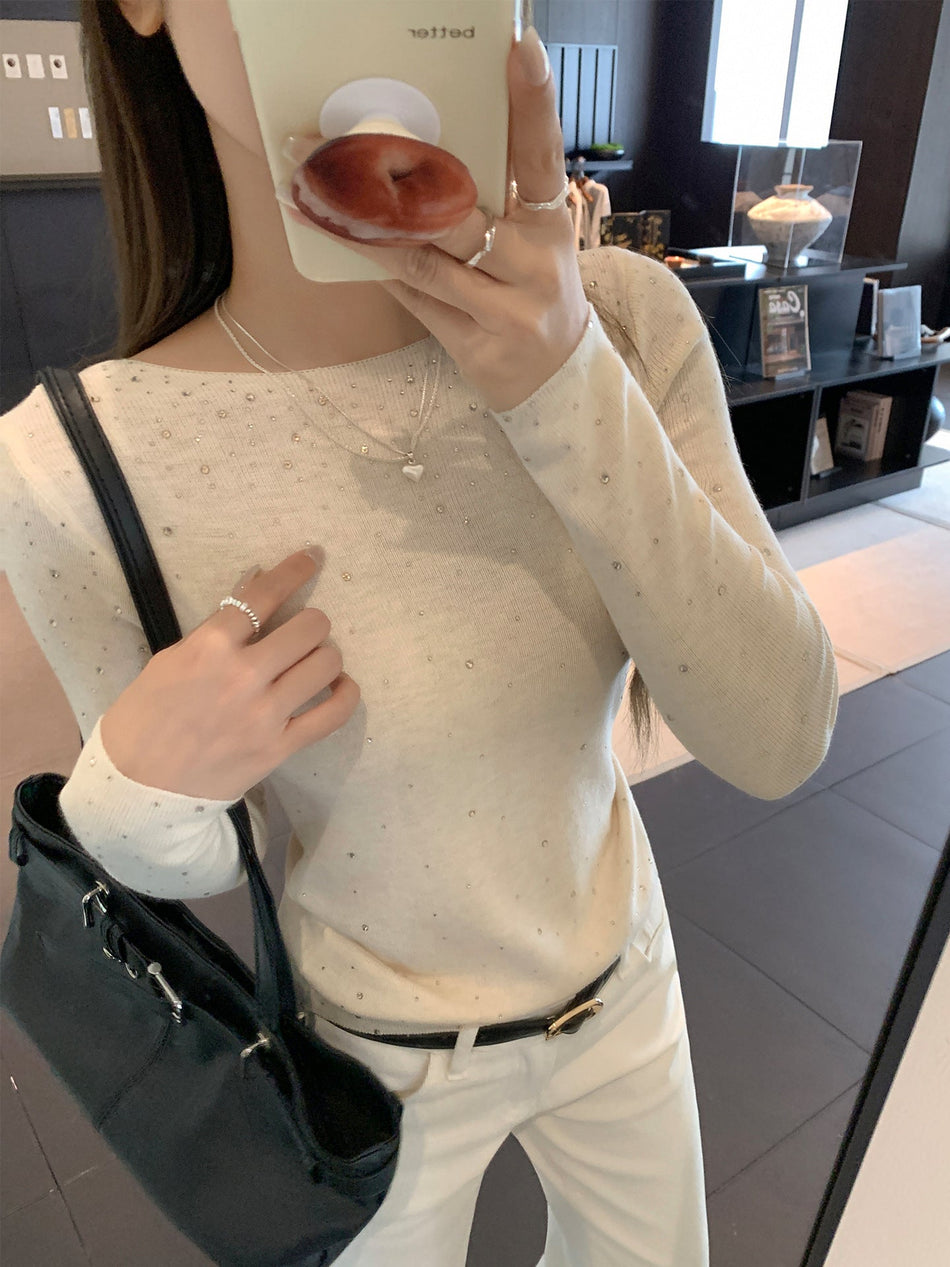 French Rhinestone Slim Knit Autumn Women Top