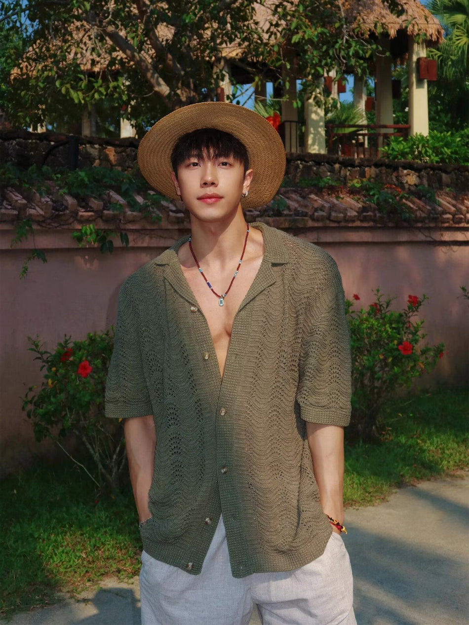 Men’s Cuban Collar Knitted Shirt – Vacation Style