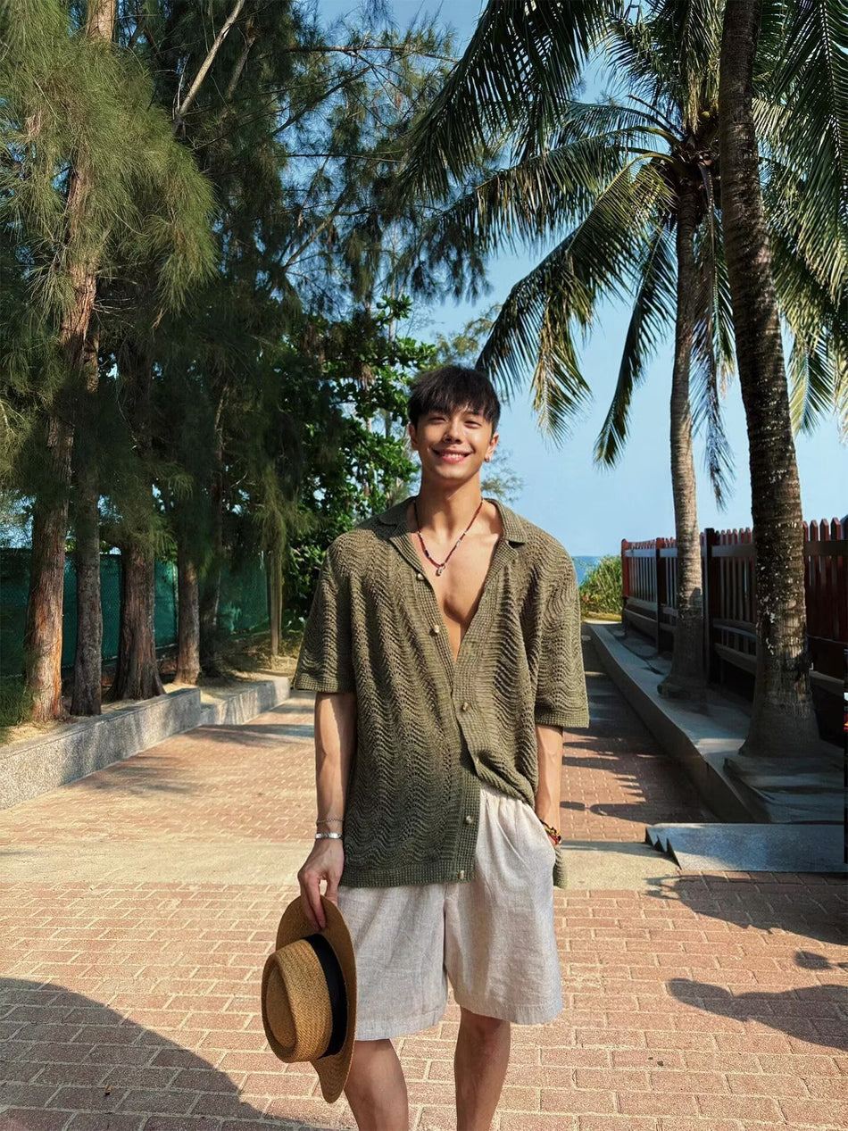 Men’s Cuban Collar Knitted Shirt – Vacation Style