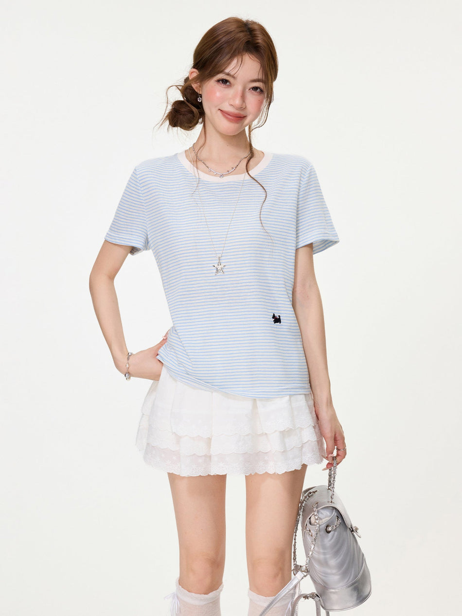 Blue Striped Puppy Embroidered Summer T-Shirt
