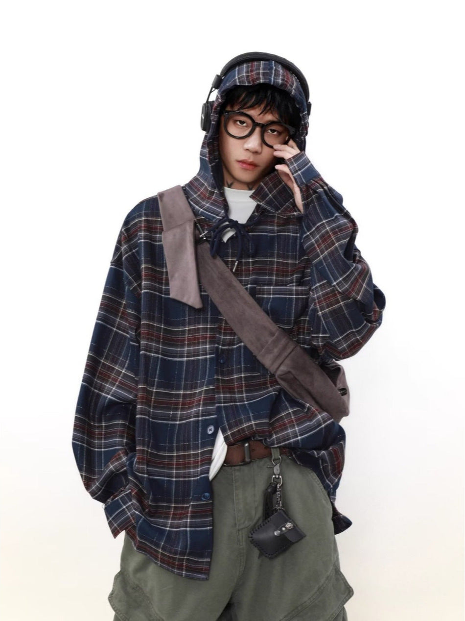Men’s Retro Plaid Hooded Shirt – Street Style Jacket