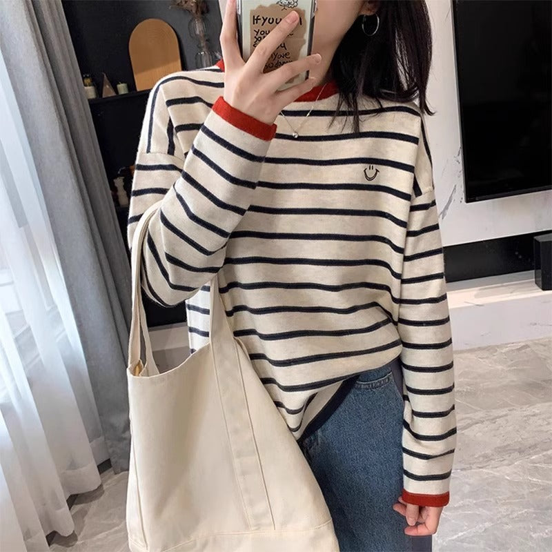 Striped Smiley Knit Crewneck Women Pullover Top