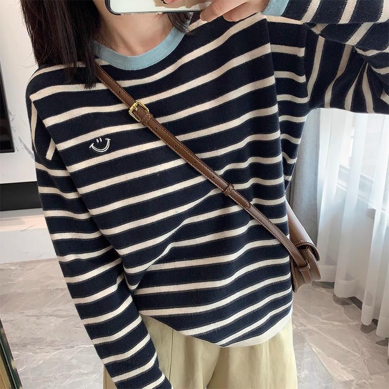 Striped Smiley Knit Crewneck Women Pullover Top