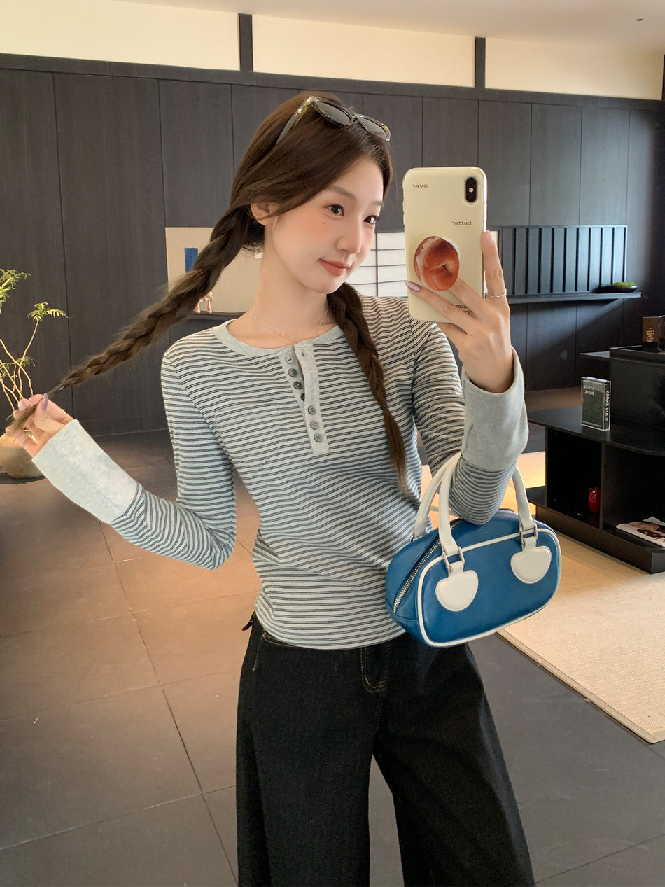 Striped Half-Zip Slim Autumn Women T-Shirt
