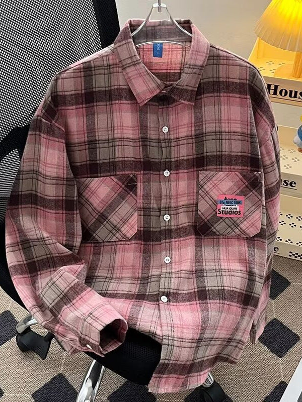 Men’s Pink Plaid Shirt – Hong Kong Style Retro Couple