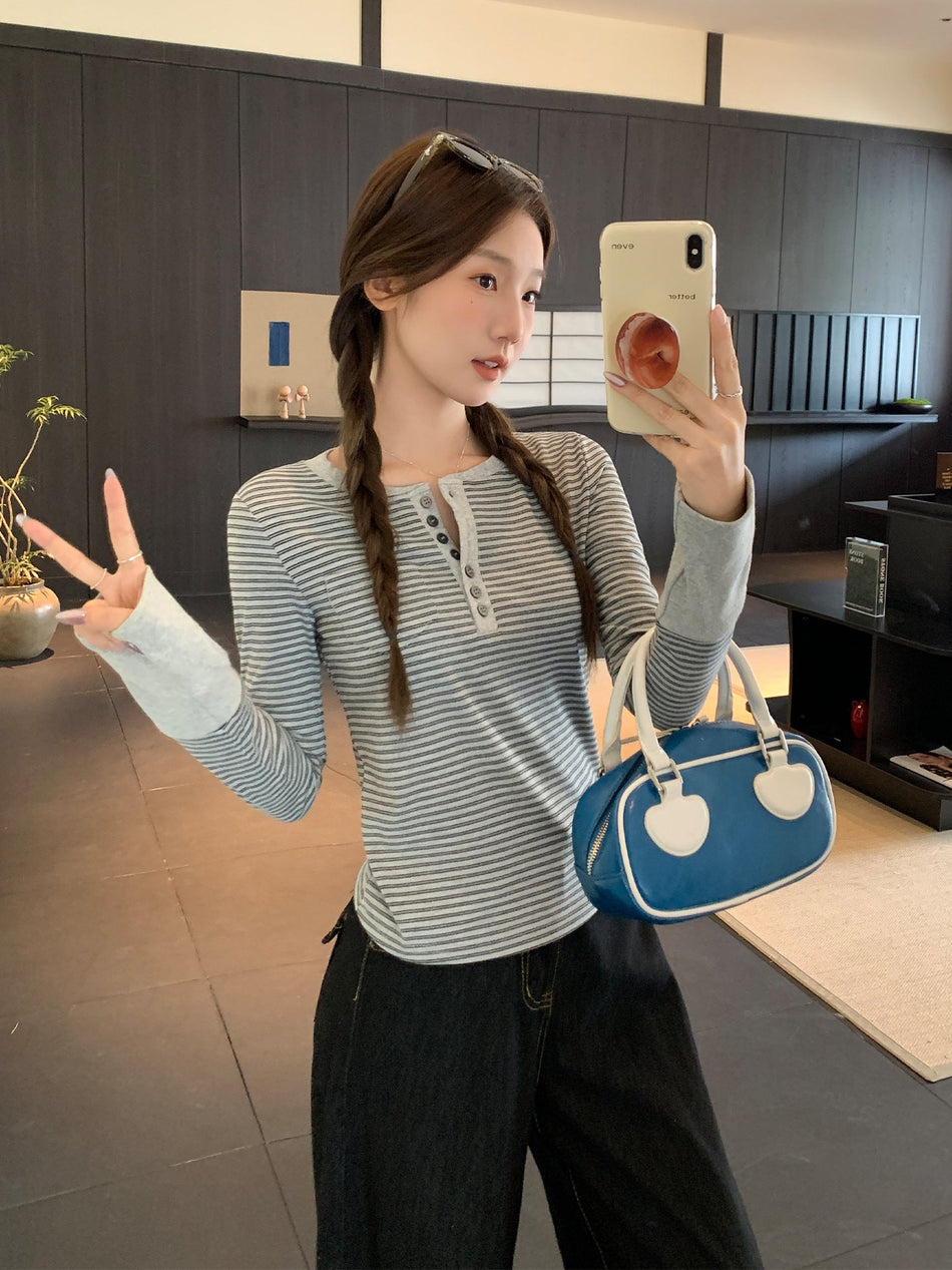 Striped Half-Zip Slim Autumn Women T-Shirt