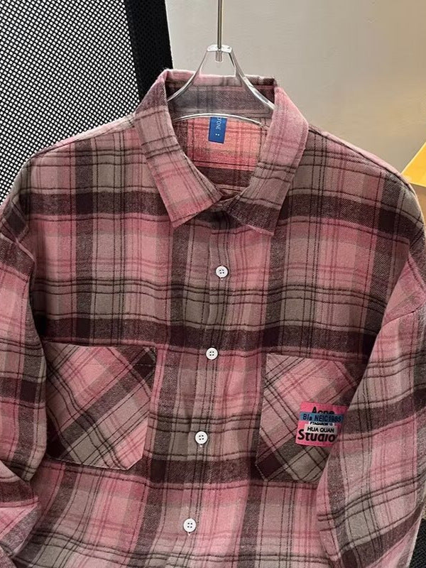 Men’s Pink Plaid Shirt – Hong Kong Style Retro Couple