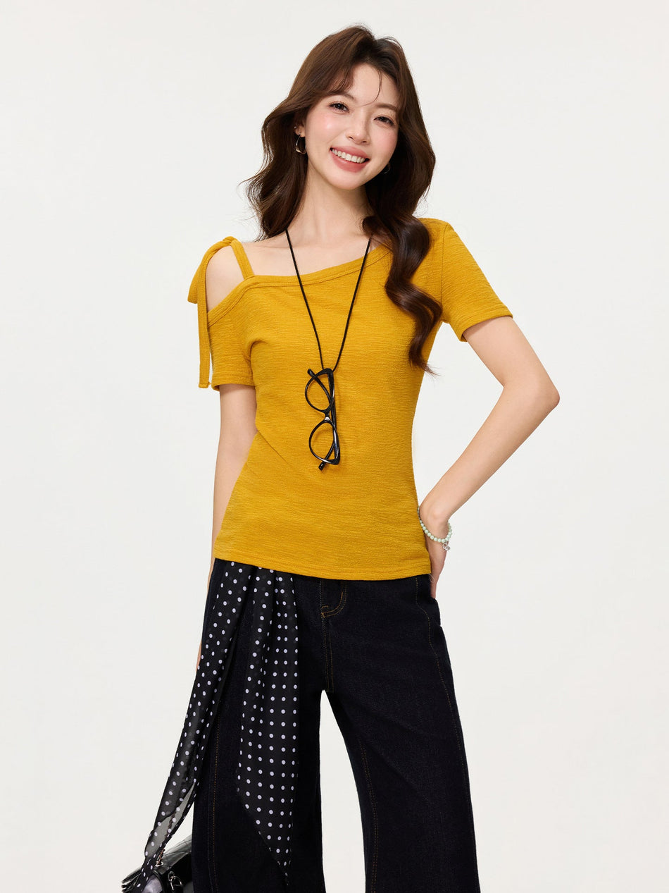 Lace-Up Off-Shoulder Slim Summer Women T-Shirt