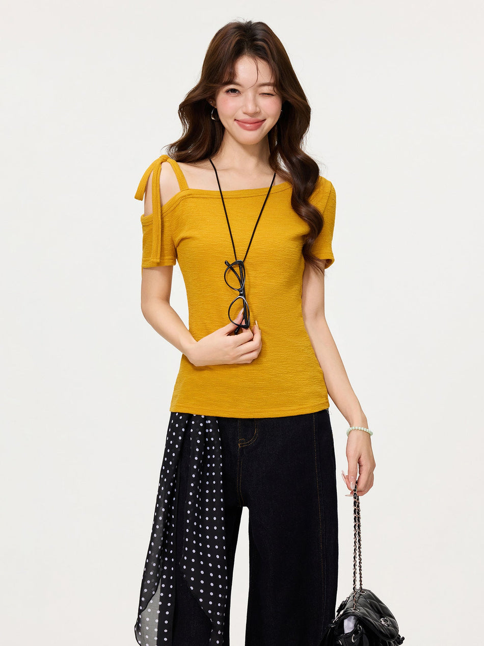 Lace-Up Off-Shoulder Slim Summer Women T-Shirt