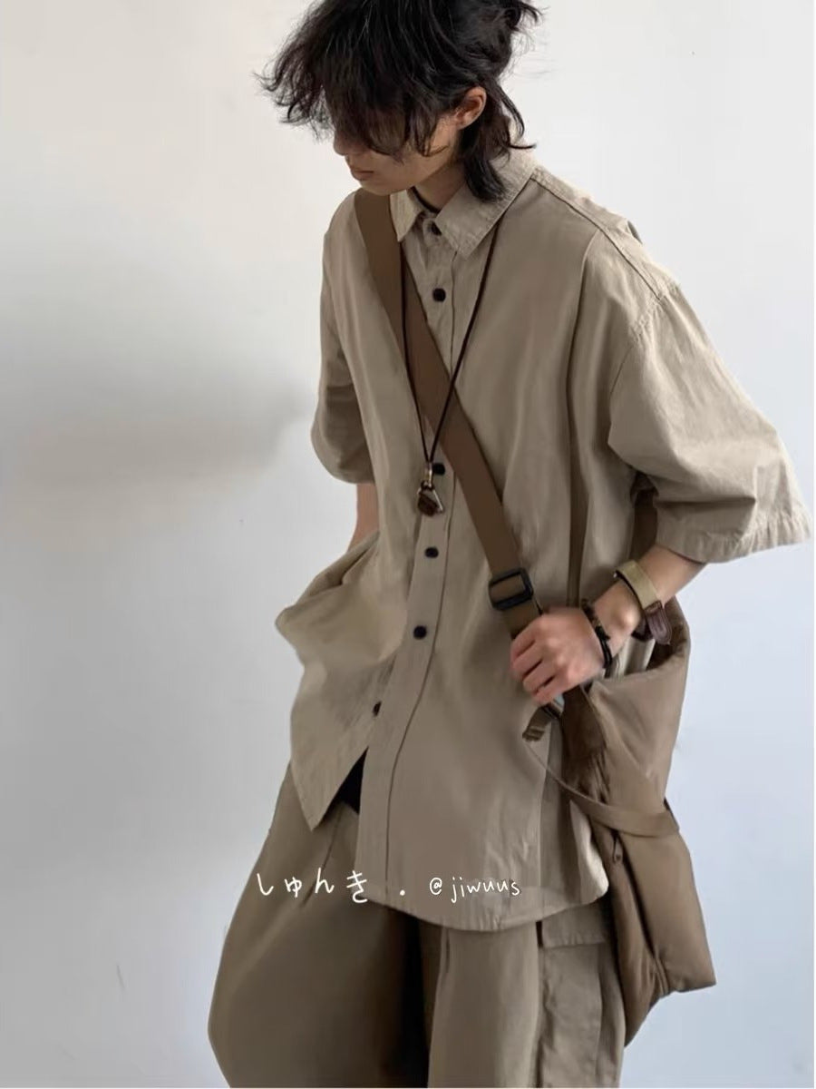 Men’s Khaki Workwear Shirt – Japanese Retro Casual