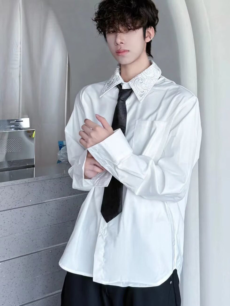 Men’s Floral Collar White Shirt – Non-Iron Premium