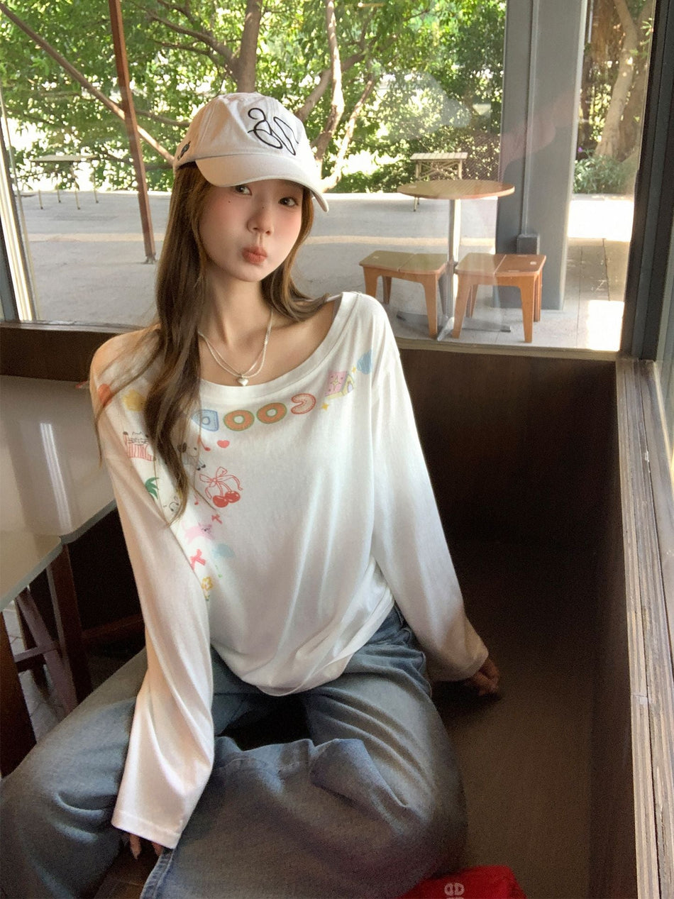 White Graffiti Off-Shoulder Loose Women T-Shirt