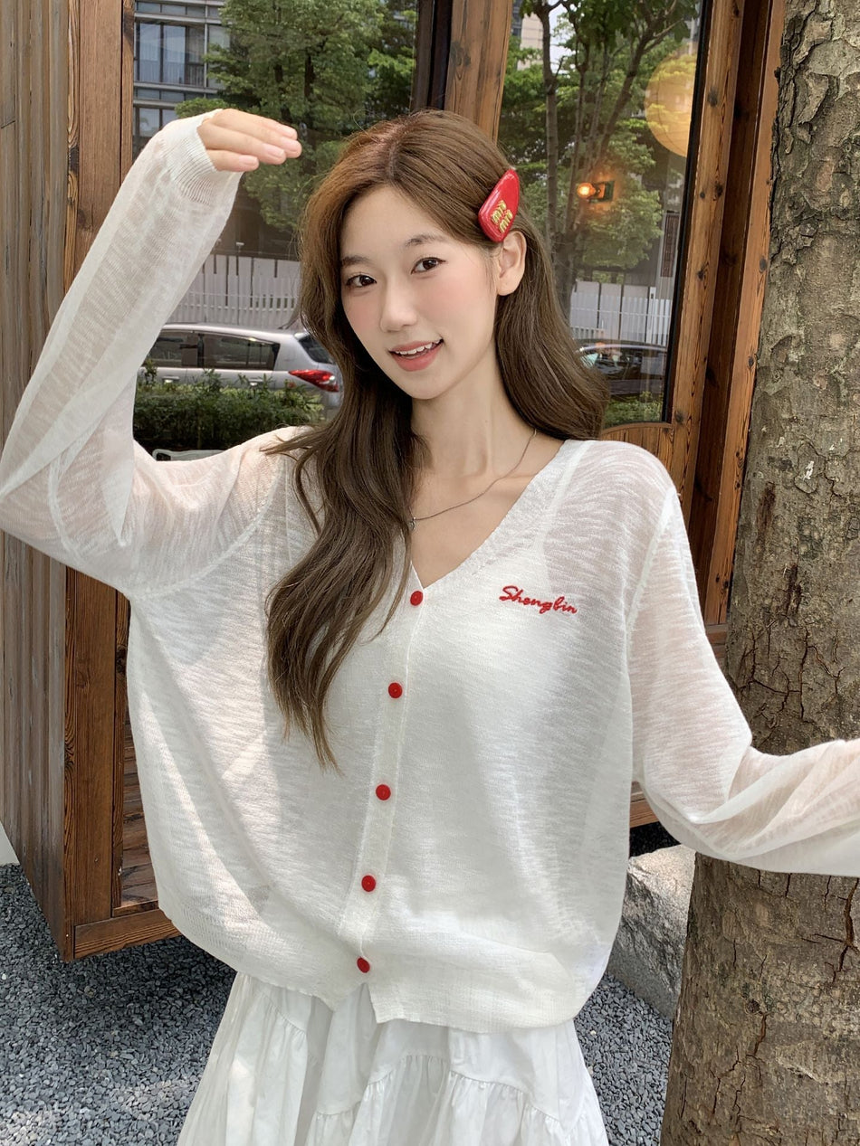 White Sheer Letter Print Knit Women Blouse